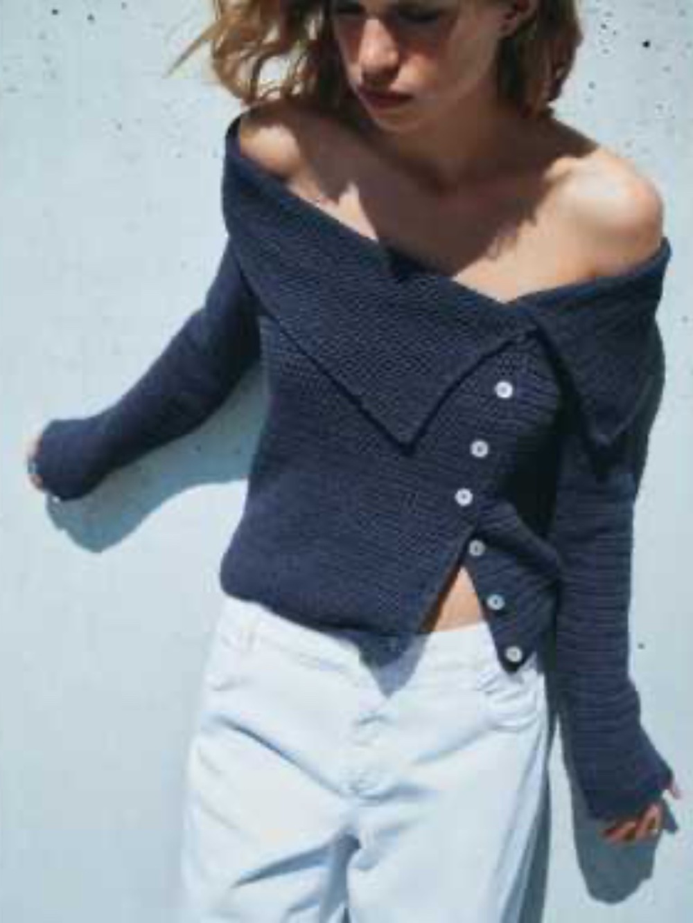 Zara Asymmetric Cropped Knit Sweater Off Shoulder Medium Grey Blue